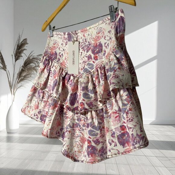 DRIFTWOOD NWT Floral Print Tiered Ruffle Denim Mini Skirt Medium M Side Zip - Picture 4 of 14